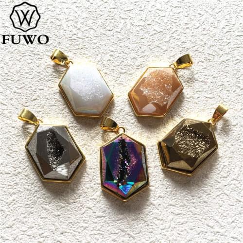 FUWO Natural Titanium Plated Aura Druzy Hexagon Connecter Pendant With Gold Bezel Trimmed For Jewelry Making PD251