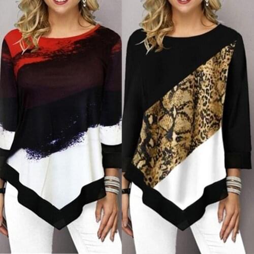SANWOOD New Leopard Print Round Neck 3/4 Sleeve Street Hipster Neck Loose Irregular Hem Womens T-shirt 4XL