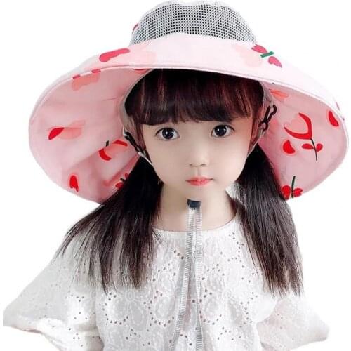 Wide Brim Floppy Girls Straw Hat Sun Hat Travel Cap Hat Cartoon Pattern Anti-fade Polyester Wide Brim Sun Hat Supplies for Kids