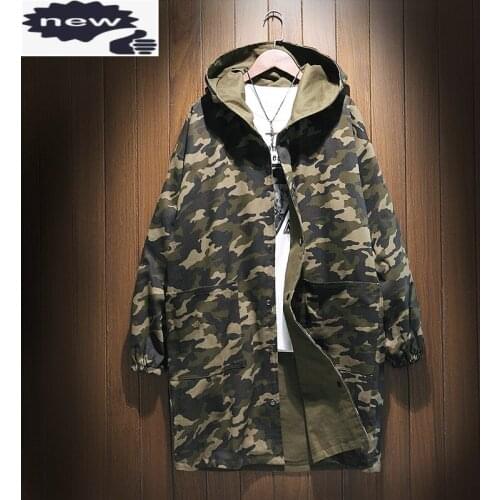 New Army Green Camouflage Reversible Trench Coat For Men Winter Thick Cotton Lining Mens Overcoat Long Oversize Hooded Jackets