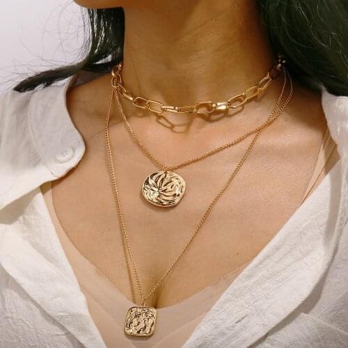 Creative Geometric Metal Pendant Multilayer Necklace Women Personality Punk Gold Color Clavicle Chain Necklaces Jewelry