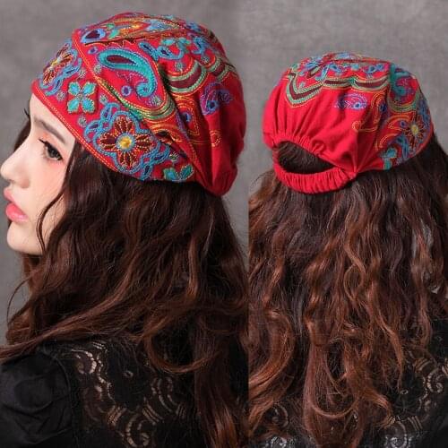 Vintage 70s ethnic red embroidery cap for girls Mexican style bohemian hippie headgear hat 2021 chapeau free shipping