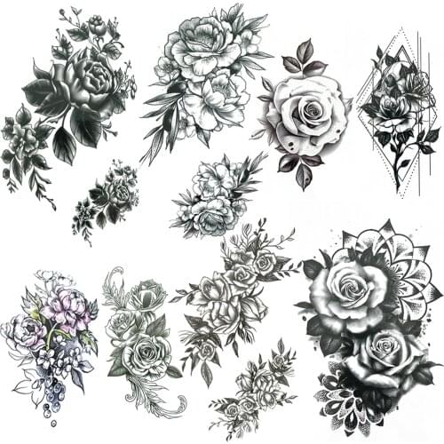 Geometric Rose Tulip Temporary Tattoos Sticker For Women Girl Glory Blossom Flower Tatoo Fake Body Art Arm Drawing Tattoo Black
