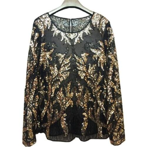 Womens Luxury Vintage Shiny sequins paillette Beaded Shirt Female Club Party Dancing Performance Pullover lace Tops Tees TB596