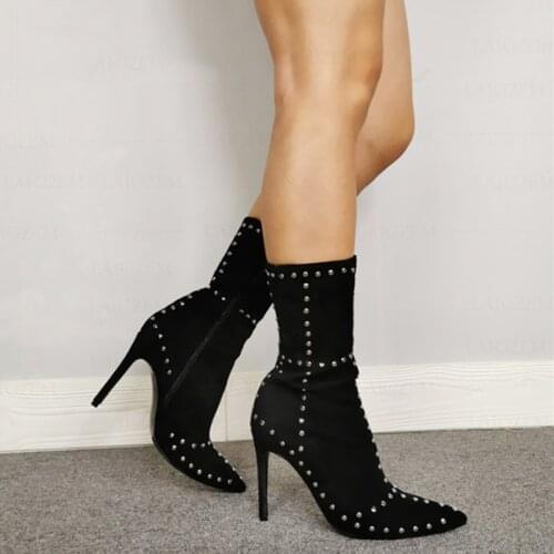 BERZIMER Women Ankle Boots Side Zip Studded Faux Suede High Heels Booties Zapatos Mujer Ladies Shoes Woman Big Size 37 38 39 47