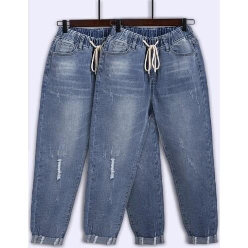 Women High Waist Plus Size Drawstring Loose Casual Denim Harem Pants Elastic Waist Femle 5xl 6xl 7XL