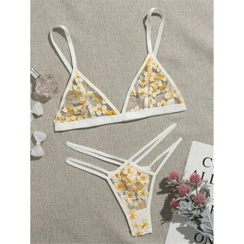 Womens Sexy Ultrathin Lingerie Suit, See Through Tulle Bra with Thongs, Daisy Flower Decoration Underwear Set