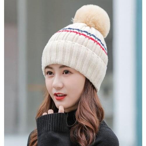 2020 New Fashion Winter Hat for women Red Blue Striped Beanie Thick And Warm Knitted Wool Cap Big Lovely POmpoms Womens Hat