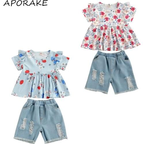 2021 0-6Y Kids Baby Girl Clothing Summer New Flower Print O-Neck Short Sleeve Pullover+ Ripped Denim Shorts 2pcs for Summer