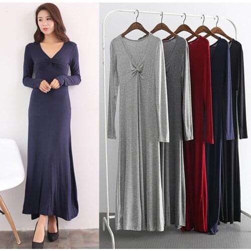 2020 women long sleeve long dresses V-neck elegant solid bodycon casual party spring dress elastic Modal plus size dress