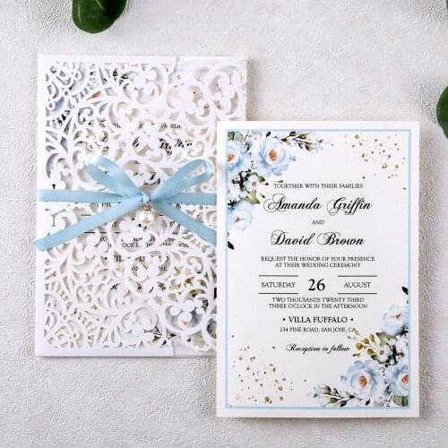 50pcs Laser Cut Hollow Rose Wedding invitations Cards With Blue Ribbon and Envelopes For Wedding