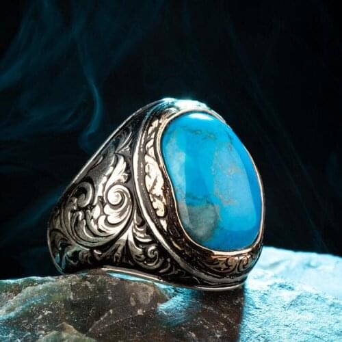 925 Sterling Silver Intricately Inlaid Mens Ring with Turquoise Stone Exclusive Ring for Men Turquoise Gemstone Ring