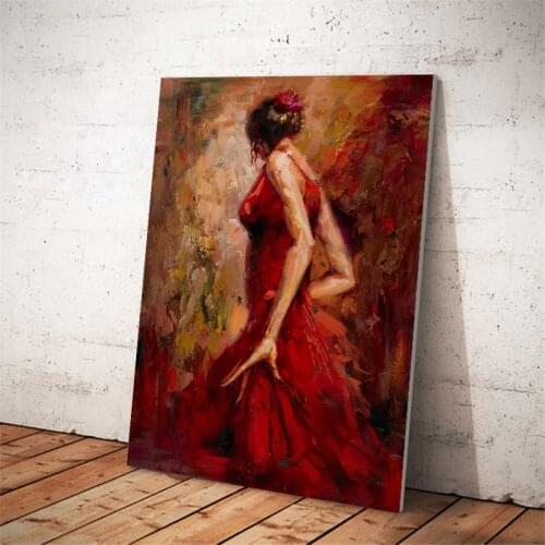Abstract Portrait Posters and Prints Dancing Girl Dressed Red Dress Wall Art Canvas Painting Decorative Pictures for Living Room