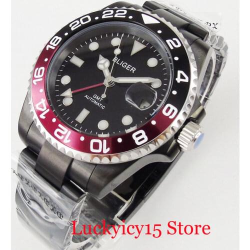 BLIGER PVD Plated Pepsi Model 40mm Mechanical Wristwatch Men GMT Date Function Sapphire Glass Deployment Clasp
