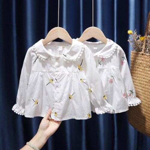 Infant Baby Girls Blouse Embroidery Children Tops Fashion Toddler Kids Shirt Spring Cotton Long Sleeve Clothing Peter Pan Collar