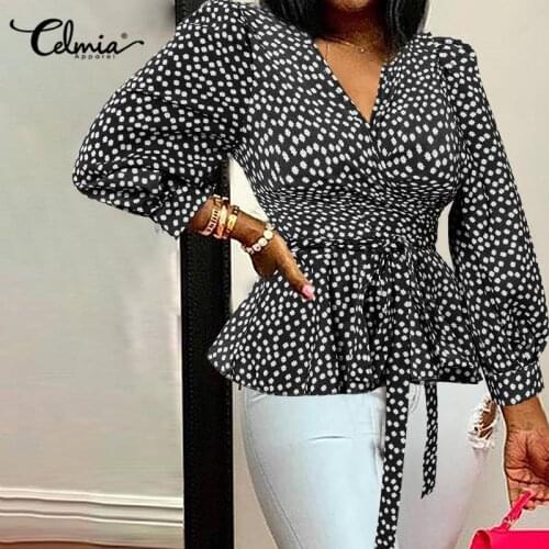 Oversized Womens Sexy Deep V Neck Blouses Celmia 2021 Fashion Floral Printed Tops Elegant Office Lady Belted Shirt Blusas Femme