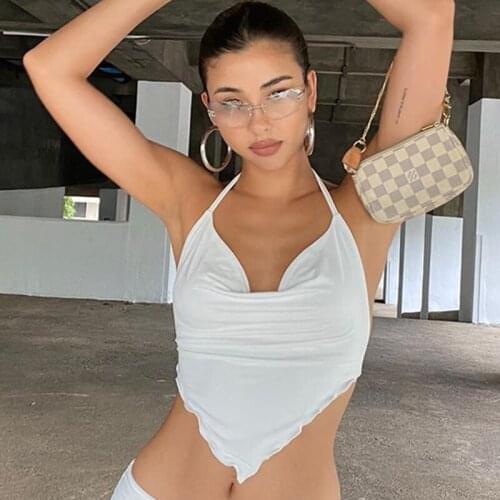 Exotic Tank Tops Women White Sleeveless Sexy Halter Rhombus Camisole Crop Top For Sex Summer Backless Sheer Slim Short Tanks Top