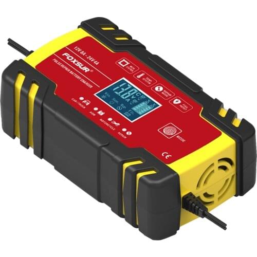 FOXSUR 12V 24V 8A Pulse Repair Charger with LCD Display, Motorcycle & Car Battery Charger, Slow and Fast Battery Charger