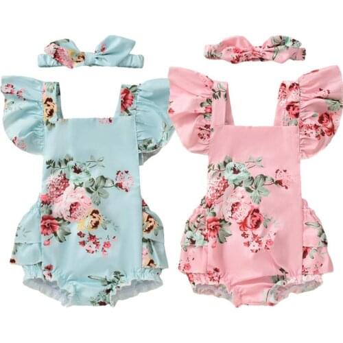 Newborn Baby Flower Print Outfits Baby Girl Tie-Up Ruffled Fly Sleeve Square Collar Bowknot Romper Headband Sunsuit