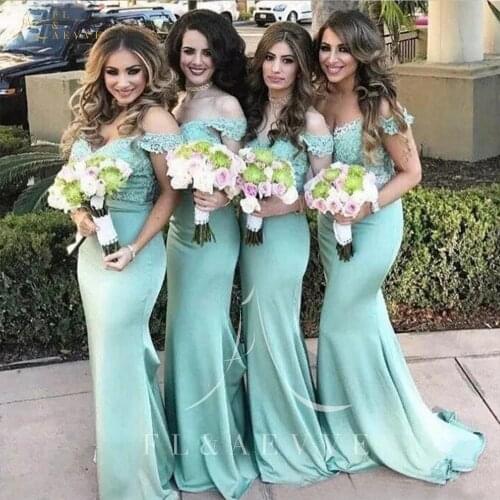 Fashion Mint Green Satin Mermaid Bridesmaid Dresses Off the Shoulder Wedding Party Gowns Lace-up Prom Gowns Plus Size