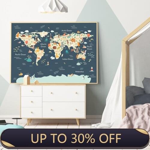 Sea Life Continents Animal World Map Picture Children Poster Nursery Wall Art Canvas Painting Baby Kids Bedroom Decoration