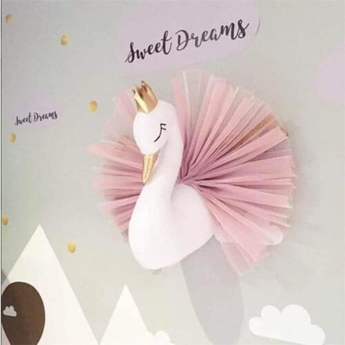 Nordic Style Golden Crown Swan Wall Hanging Decoration White Swan Stuffed Toy Animal Head Girl Room Wall Decor Nursery Decor