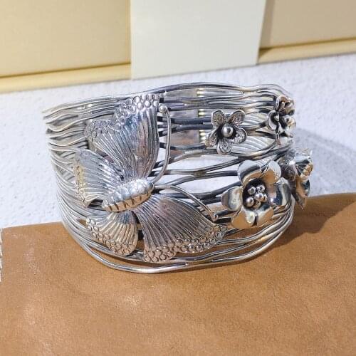 BOCAI New s999 pure Silver Butterfly Love Flower wide hand-woven bracelet for women retro exaggerated ethnic style mother gift