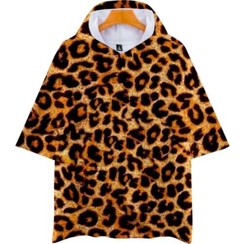LUCKYFRIDAY summer Hooded short sleeves hip hop Women Pullovers Tops Leopard Print T-SHIRT Winter Lady Hem Hoody Shirts 2020