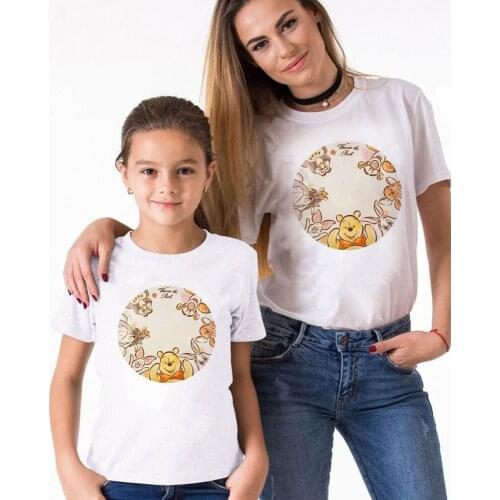 Family Matching Clothes Mommy And Me Tshirt Winnie The Pooh Cartoon Short-sleeved White Kids Girls Boys Clothing T-shirt