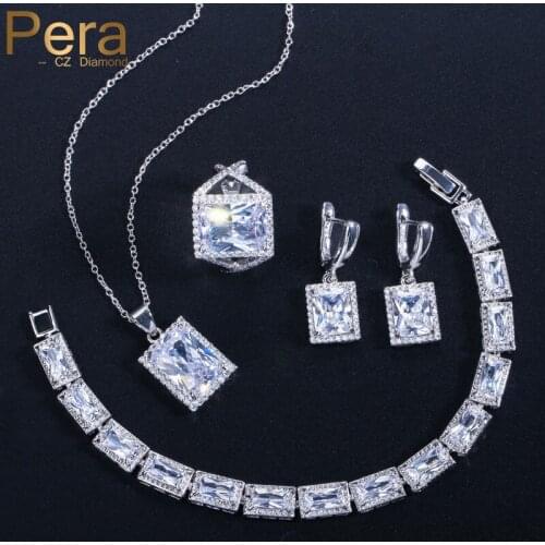 Pera Fashion Anniversary Party Jewelry Big Square Shape Cubic Zirconia Pendant Necklace Earring Bracelet Ring Set For Women J122