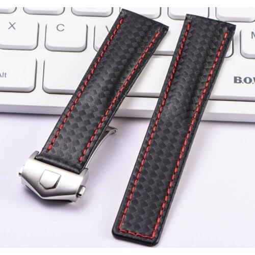 20 22mm For TAG heuer watchband Carbon fiber texture cow leather bottom BLACK RED wristband men strap with folding buckle clasp