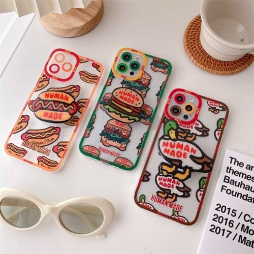 Luxury Brand HUMAN MADE Hamburger Stand Holder Phone Case For iPhone 7 8 Plus 12 11 Pro X XS Max XR Clear Soft Silicone Cover
