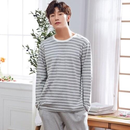Gray Striped Pajamas For Men Full Cotton Sleepwear Suit 2 Pcs Pyjama Homme Casual Tracksuit Home Clothing Pijama Hombre