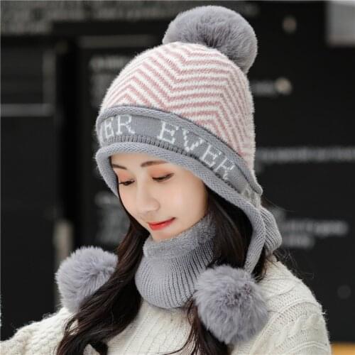 New Women Letter stripes Winter Hats Add High Quality Fur Lined Warm Knitted Hat For Female Keep Face Warmer Balaclava Pompoms C
