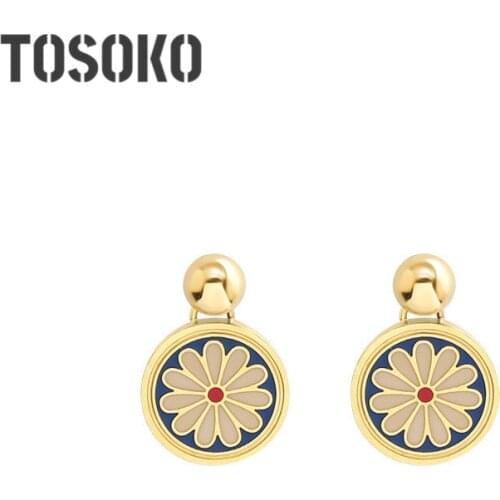 TOSOKO Stainless Steel Jewelry Retro Enamel Lnk Blue Daisy Flower Earrings Fashion Drop Earrings For Women BSF327