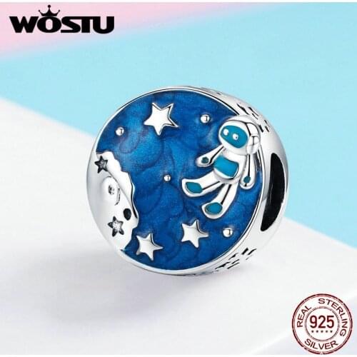 WOSTU Midnight Blue Airman Star Bead 925 Sterling Silver Enamel Charms For Women Bracelet DIY Jewelry Accessories FIC1148