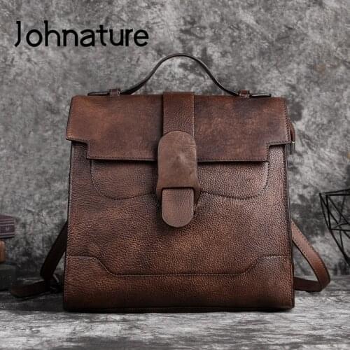 Johnature Retro Genuine Leather Women Bag 2021 New Hand Painted Solid Color Handbag Soft Cowhide Large Capacity Shoulder Bags