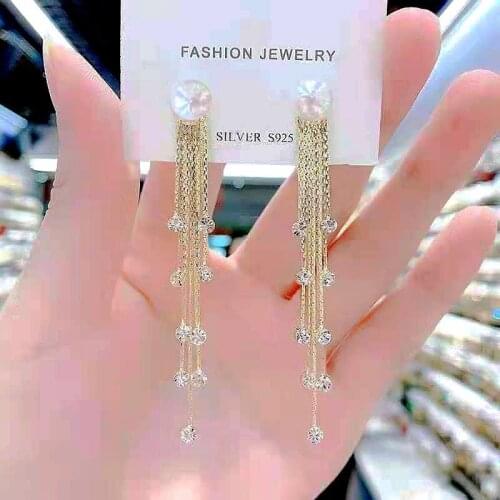 Temperamental Exquisite Rhinestone Long Tassel Eardrop Women Light Luxury Shining Simulated-pearl Earrings Trend Jewelry
