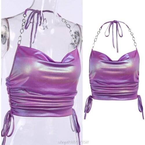 Women Summer Ruched Drawstring Halter Crop Top Glitter Metallic Holographic Camisole Sexy Backless Metal Chain M04 21 Dropship