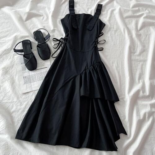 Black Gothic Sundresses for Women 2021 Summer Vintage Midi Dress Females Bandage Design Casual One Piece Dress Korean Fashion