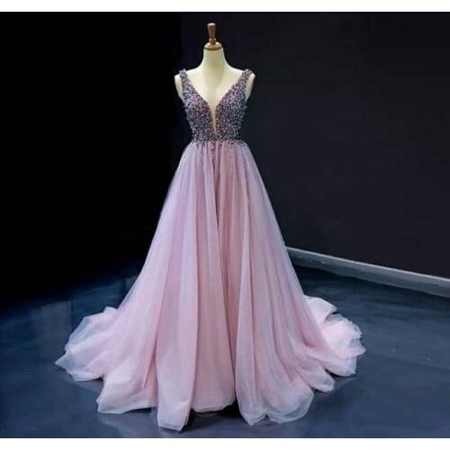 Long A-Line Beaded Tulle Grey Evening Dresses V-Neck Floor Length Sexy Corset Back Pleated Formal Party Gowns for Women