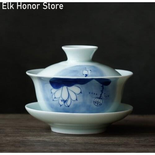 150ml Blue And White Porcelain Tea Tueen Hand Painted Lotus Glaze Jingdezhen Tea Cover Bowl Cup Saucer Pu'er Da Hong Pao Teaset