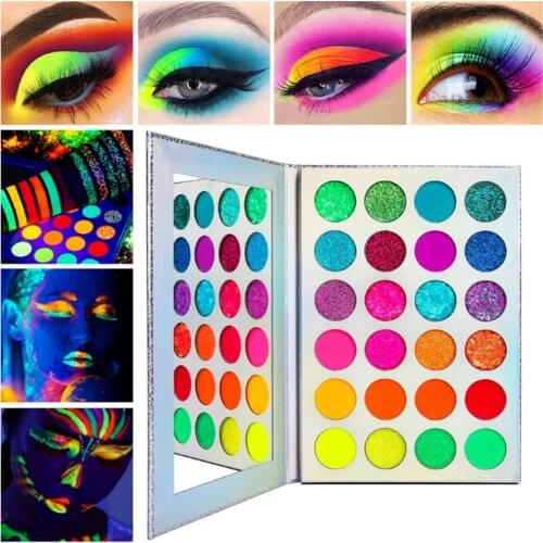 24 Colors Eye Shadow Palette Neon Glitter-Matte Glow In Dark Makeup Halloween Party Clubbing Fluorescent Eye Shadows Cosmetic