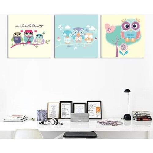 3PCS Unframed Owl animals tree Wall Painting White clouds Flower Butterfly Canvas Painting Decorate sitting room kids bedroom