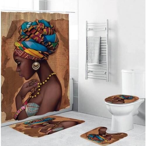 African Women Shower Curtains Polyester Waterproof Afro Bathroom Curtain Set Anti-skid Rugs Toilet Lid Cover Bath Mat
