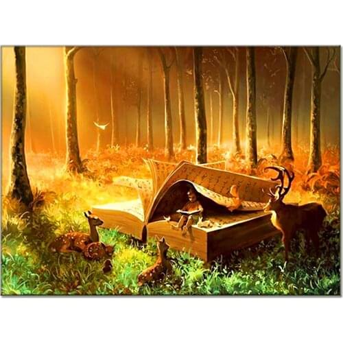 Cartoon book deer Diamond painting forest landscape Full Square Round Drill Inlaid Embroidery handmade Cross stitch I141