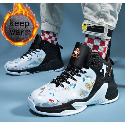 Boys Basketball Shoes Jordan Shoes Kids Winner High-top Plus Suede Non-slip Sneakers Childrens Warming Training Sports Shoes