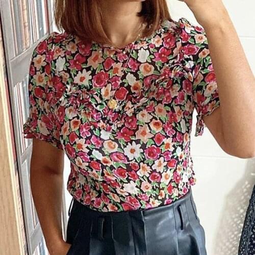 Flowy Fluid Cut Blouse Women Short Sleeve O neck Elegant Chic Shirts Summer Floral Print Vintage Tunic Tops 2020