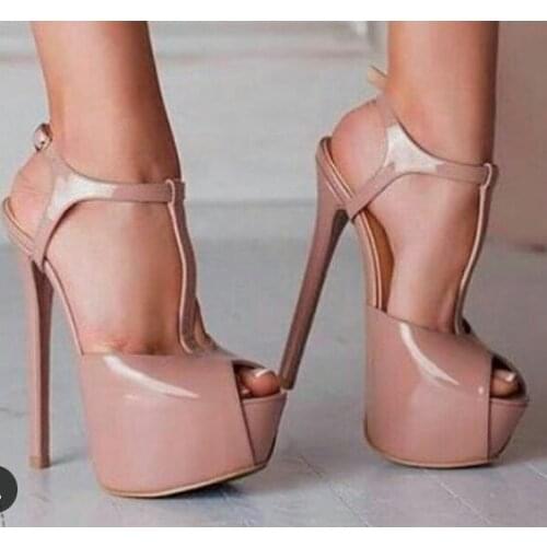 Summer Fashion Nude Patent Leather T-strap High Heel Sandals Woman Super High Platform Pumps Peep Toe Party Dress Shoes