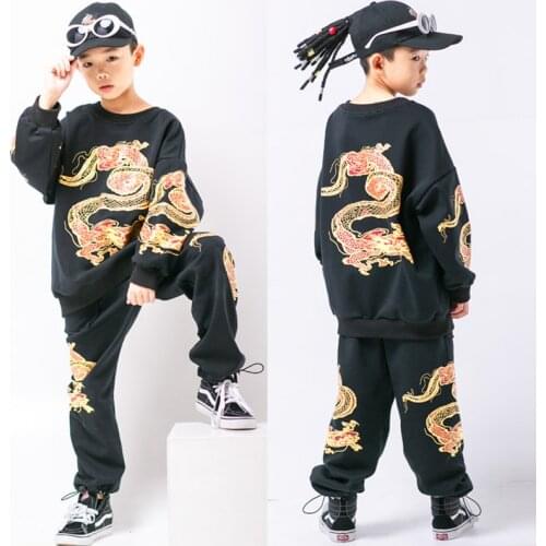 Kids Hip Hop Costume Boys Street Dance Clothes Chinese Style Long-Sleeved Sweatshirt Black Pants Hiphop Clothes Stage Wear B2236